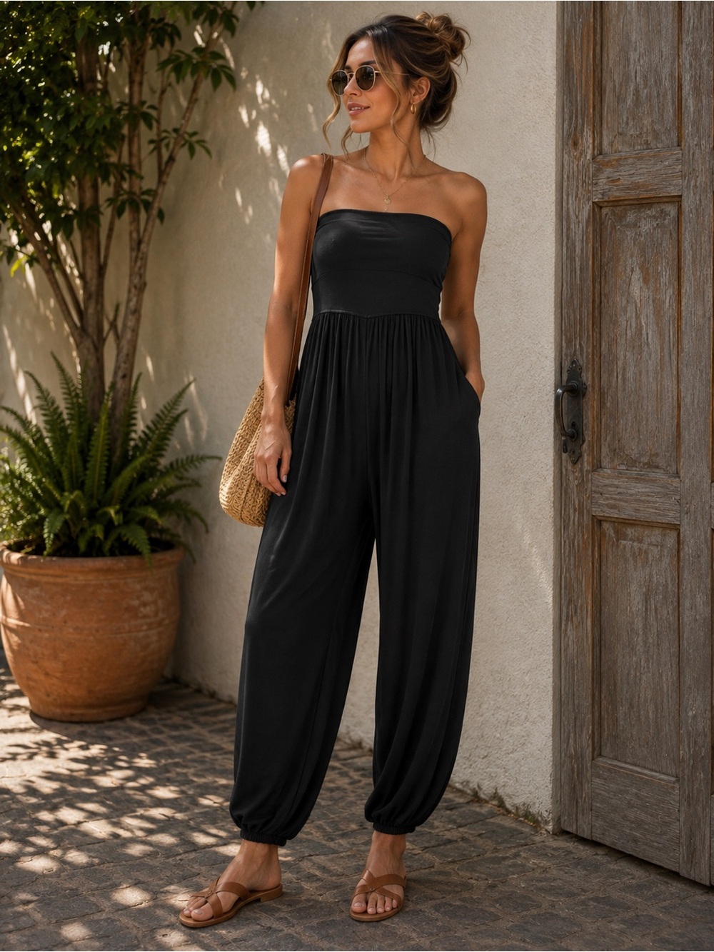 HALARA Black Strapless Wide-Leg Jumpsuit